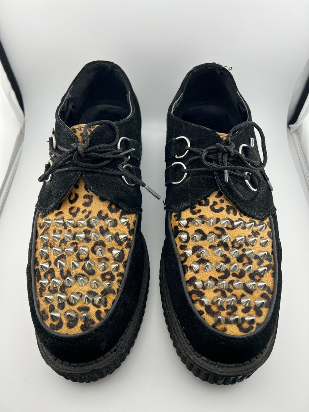 T.U.K Black Suede Derbys with Leopard Print Studded Vamp